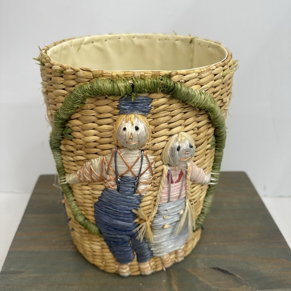 Vintage Woven Straw Raffia Lined Basket Embroidered Scarecrow Whimsical Fall